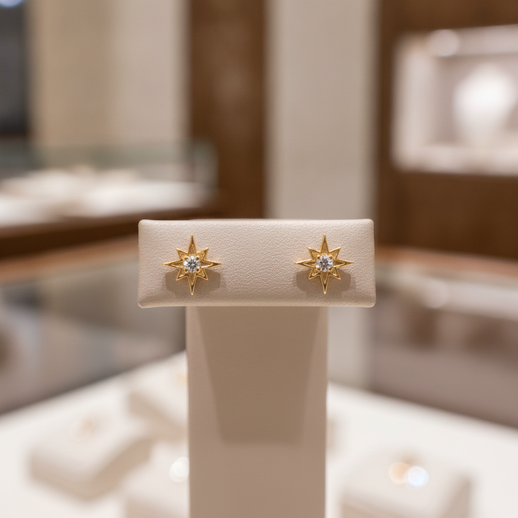 ER413159Y. 14K Solid Gold Star Diamond Studs Earrings