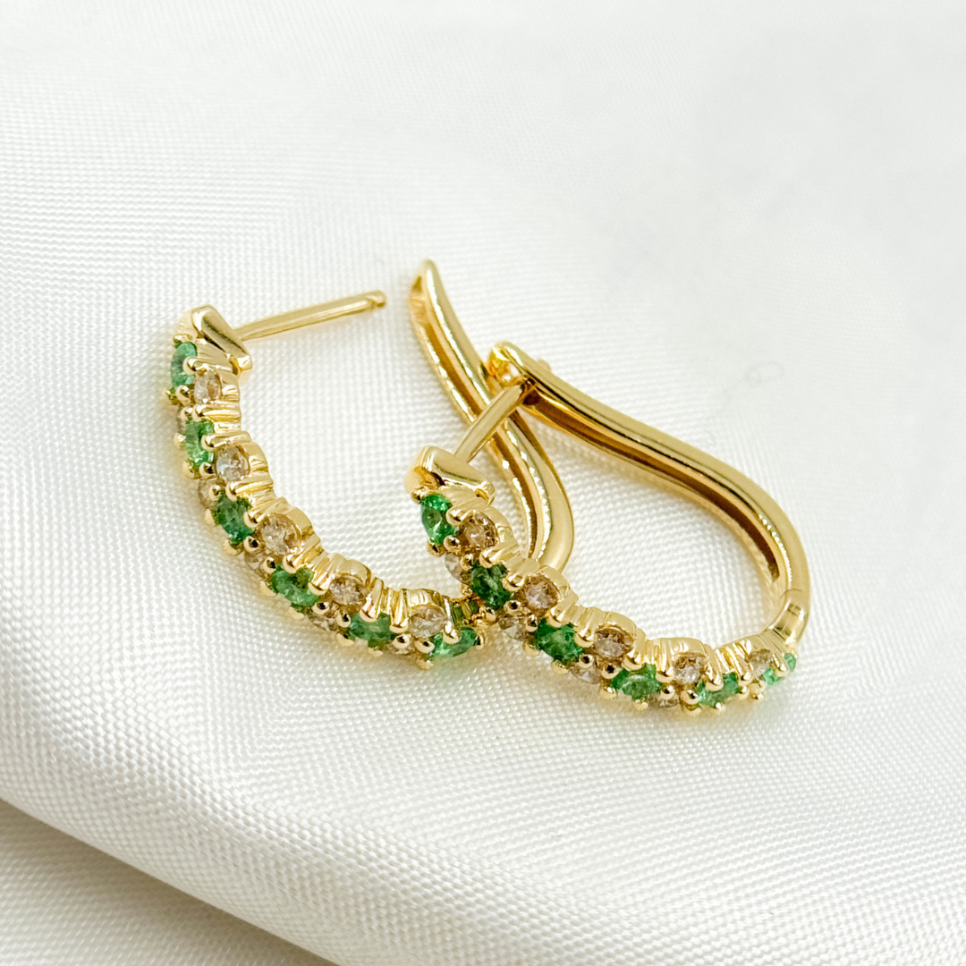 14k Solid Gold Diamond and Emerald Hoops. EHF56458EM