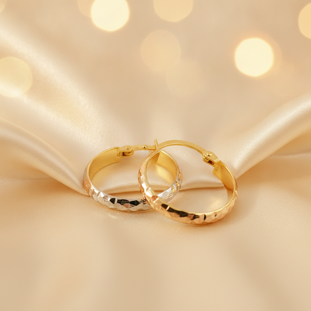 GER62. 14K Gold Diamond Cut Tri-Color Hoop Earrings
