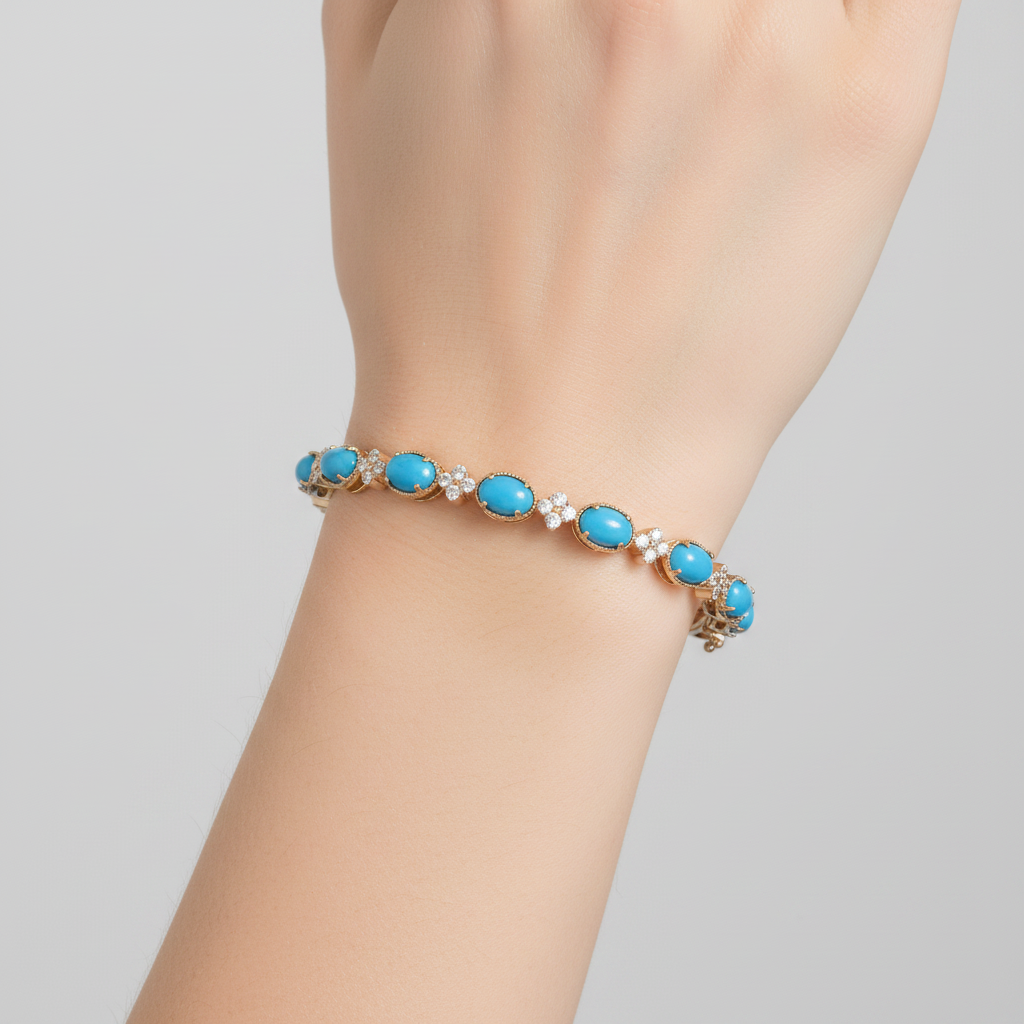 CB97337TQ6X4. 18K Solid Yellow Gold Turquoise and Diamond Fancy Bangle