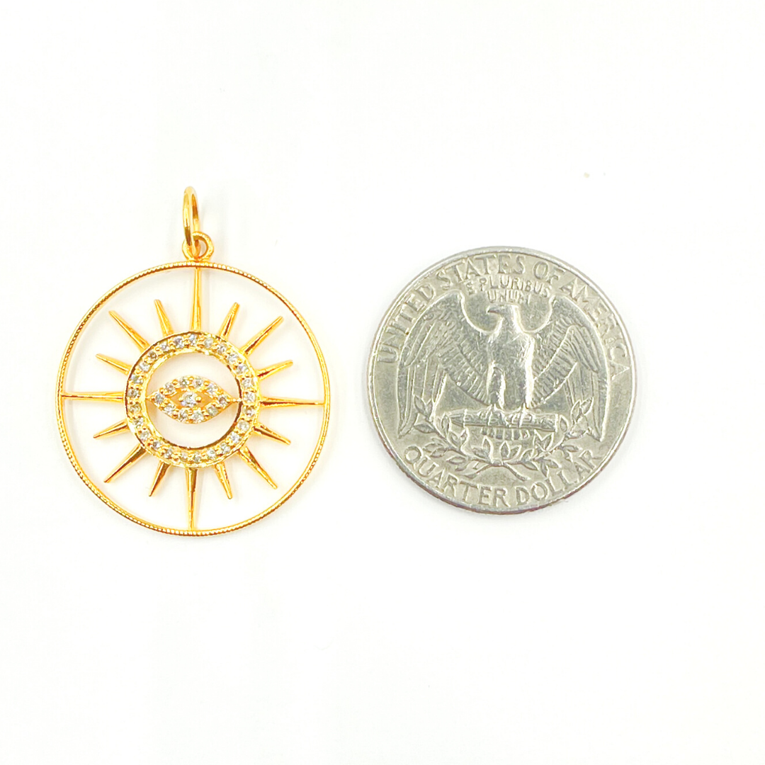 14K Solid Gold Diamond Circle Evil Eye & Sun Charm. GDP222