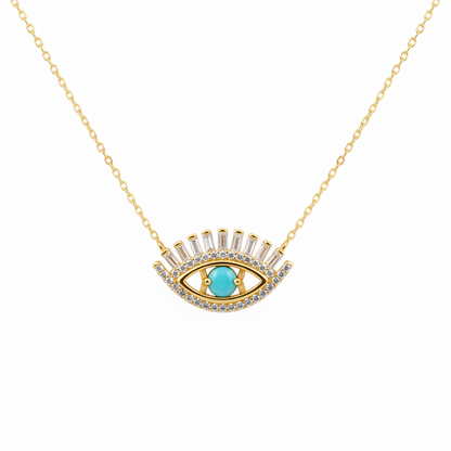 NFD70803. 14k Solid Yellow Gold, Diamonds & Precious Stones Cable Link Evil Eye Necklace