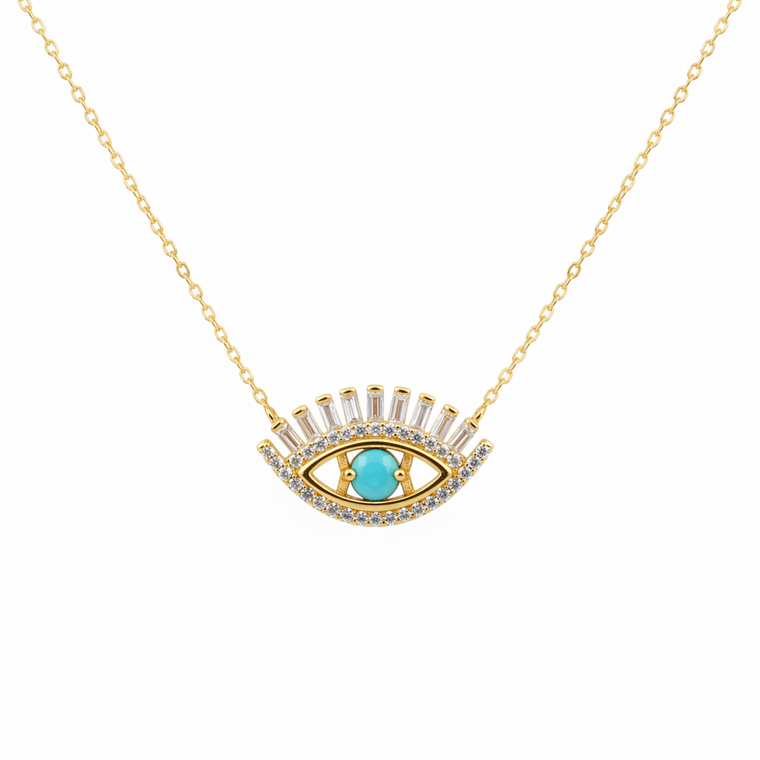 NFD70803. 14k Solid Yellow Gold, Diamonds & Precious Stones Cable Link Evil Eye Necklace