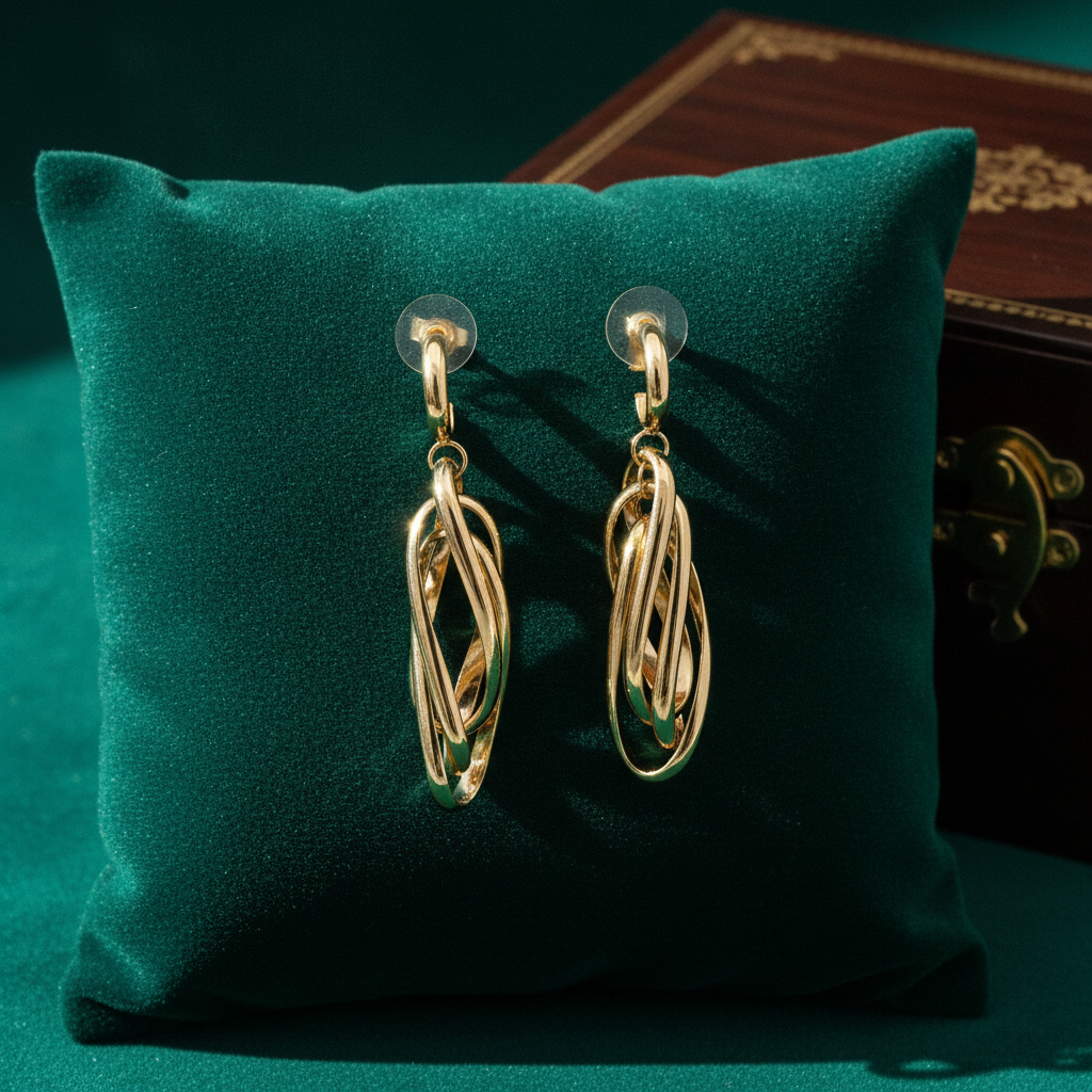 15850023044. 14K Solid Gold Twist Triple Oval Hollow Dangle Earrings