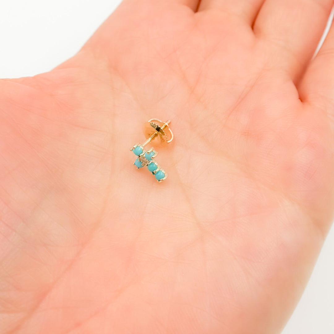 14K Yellow Gold Turquoise and Diamond Stud Earrings