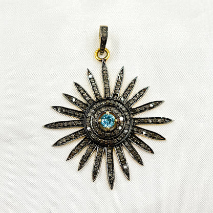 DP065. Diamond Sterling Silver Sun Pendant with Gemstone