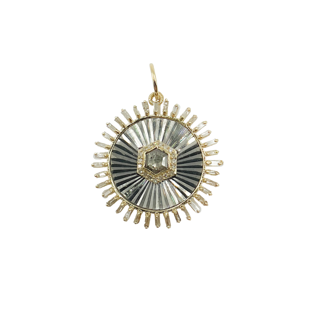 KSG38. Black Rhodium Sterling Silver with 14K Gold and Diamonds Circle Shape Charm