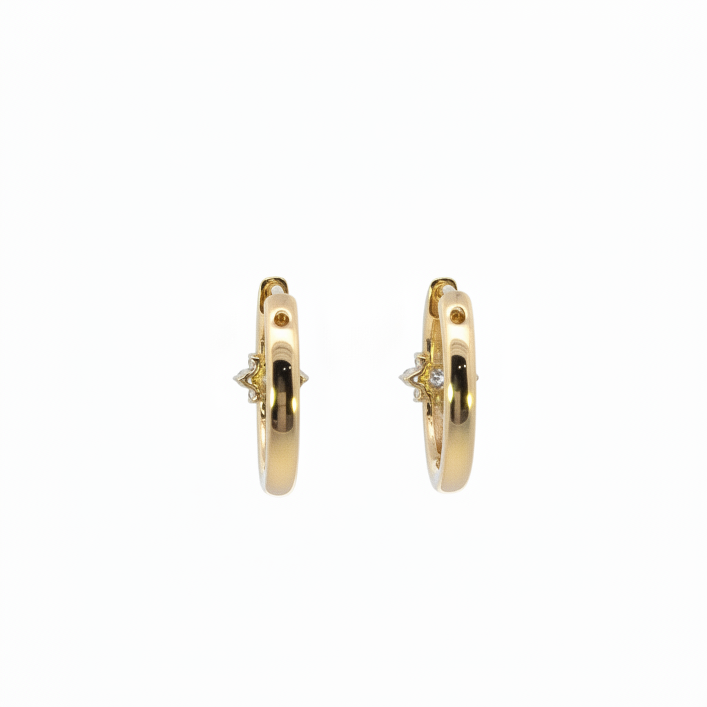 EHD57626. 14K Solid Yellow Gold Diamond Flower Huggie Hoop Earrings