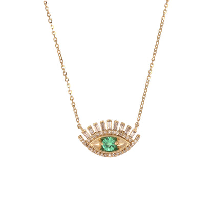 NFD70803. 14k Solid Yellow Gold, Diamonds & Precious Stones Cable Link Evil Eye Necklace