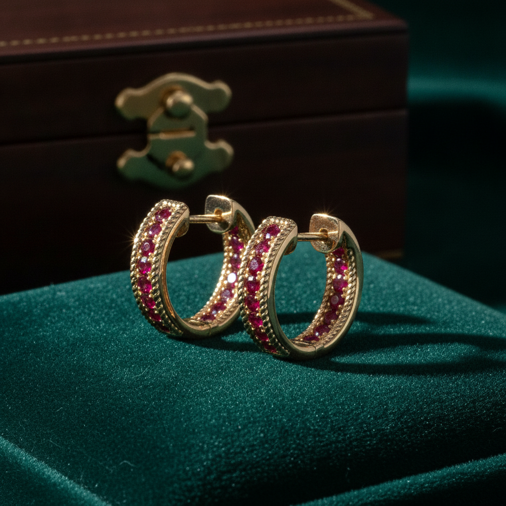 EHZ57668RU. 14K Solid Yellow Gold Ruby Huggies
