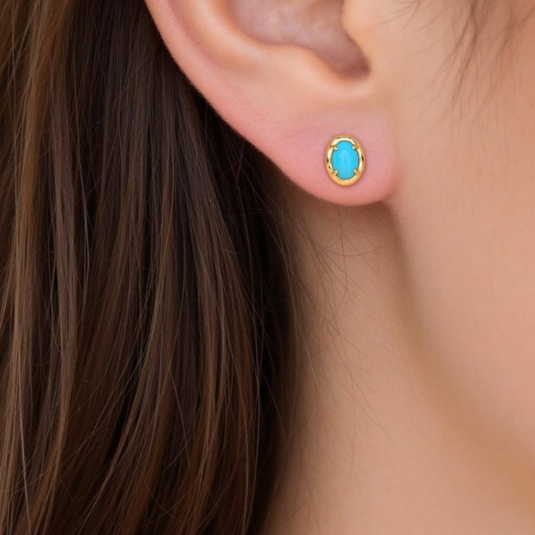 14K Solid Yellow Gold Turquoise Oval Stud Earring