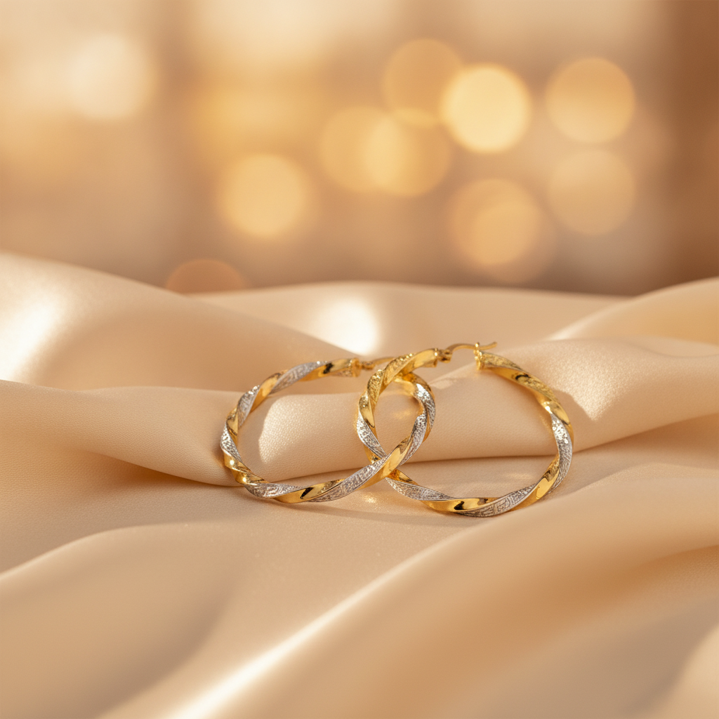 GER124. 14K Solid Gold Twisted Hollow Hoop with Engraved