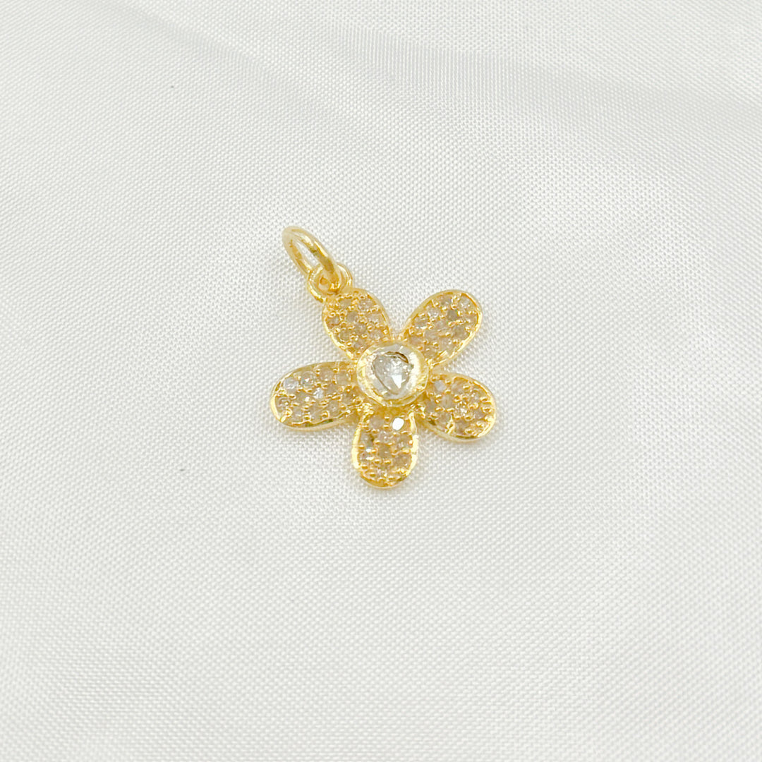 DC452. Polki Diamond & 925 Sterling Silver Black Rhodium, Gold Plated, and Rose Gold Plated Flower Charm.