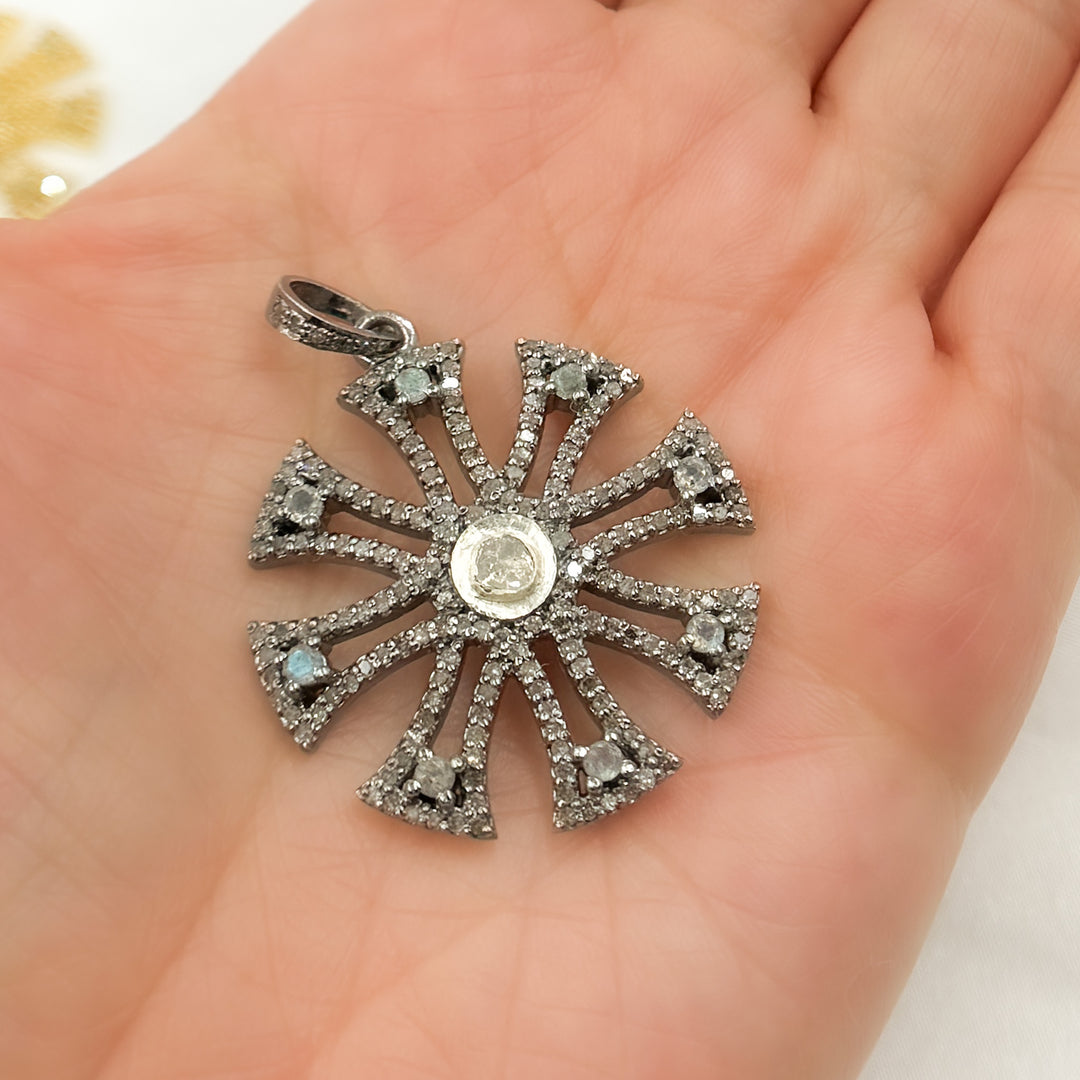 DP460. Diamond & Sterling Silver Fancy Shape Pendant with Polki Diamond and Gemstone