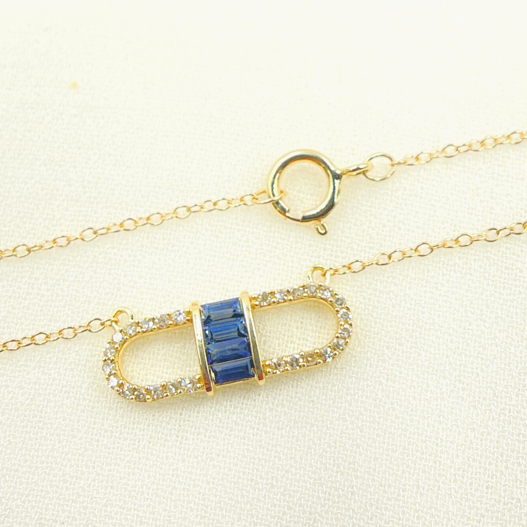 NFB70796. 14k Solid Yellow Gold, Diamonds & Precious Stones Cable Link Marquise Necklace