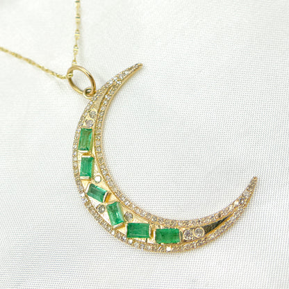 KG292. 14K Solid Gold Diamond and Emerald Moon Charm