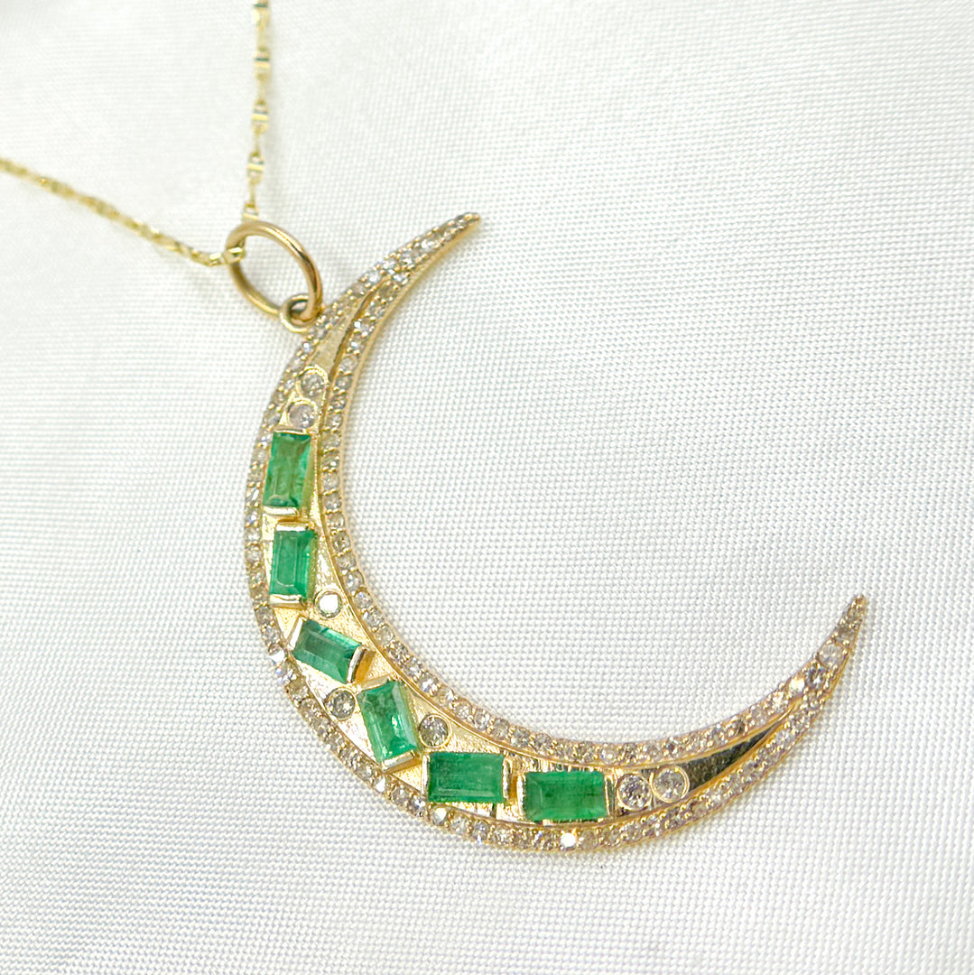 14K Solid Gold Diamond and Emerald Moon Charm. KG292