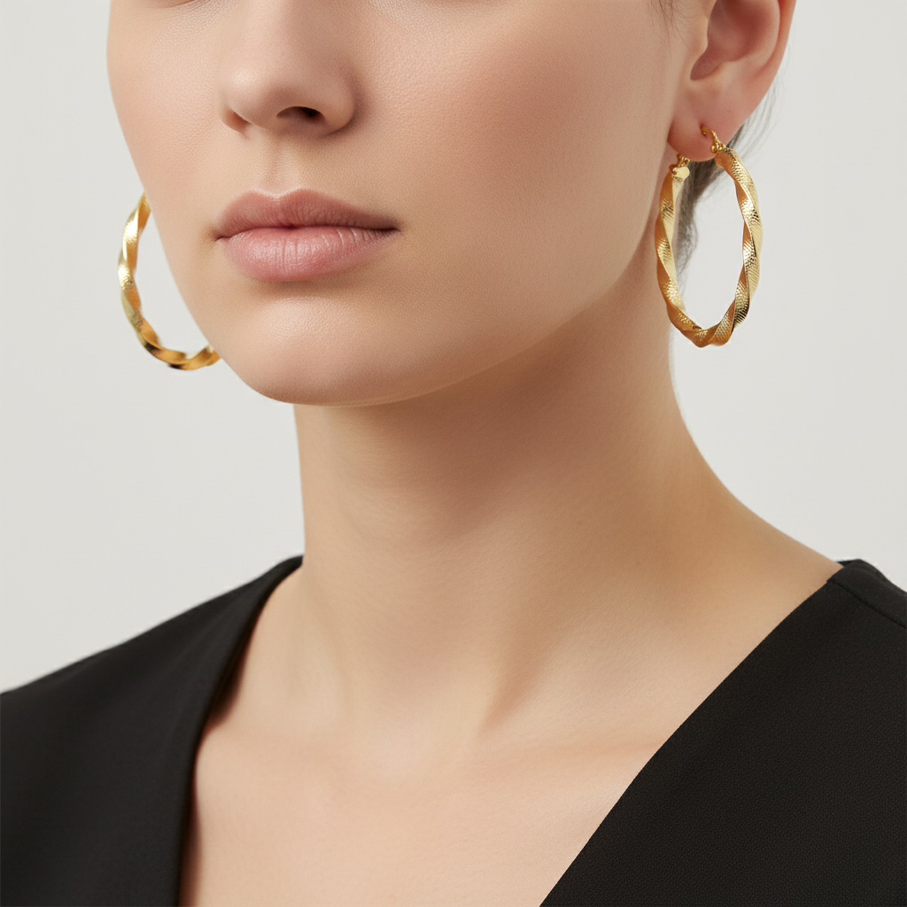 GER129. 14K Solid Gold Twisted Hoop with Texture
