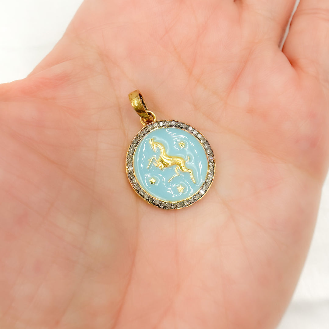 DP607A. Diamond Sterling Silver Round Aries Zodiac Enamel Pendant