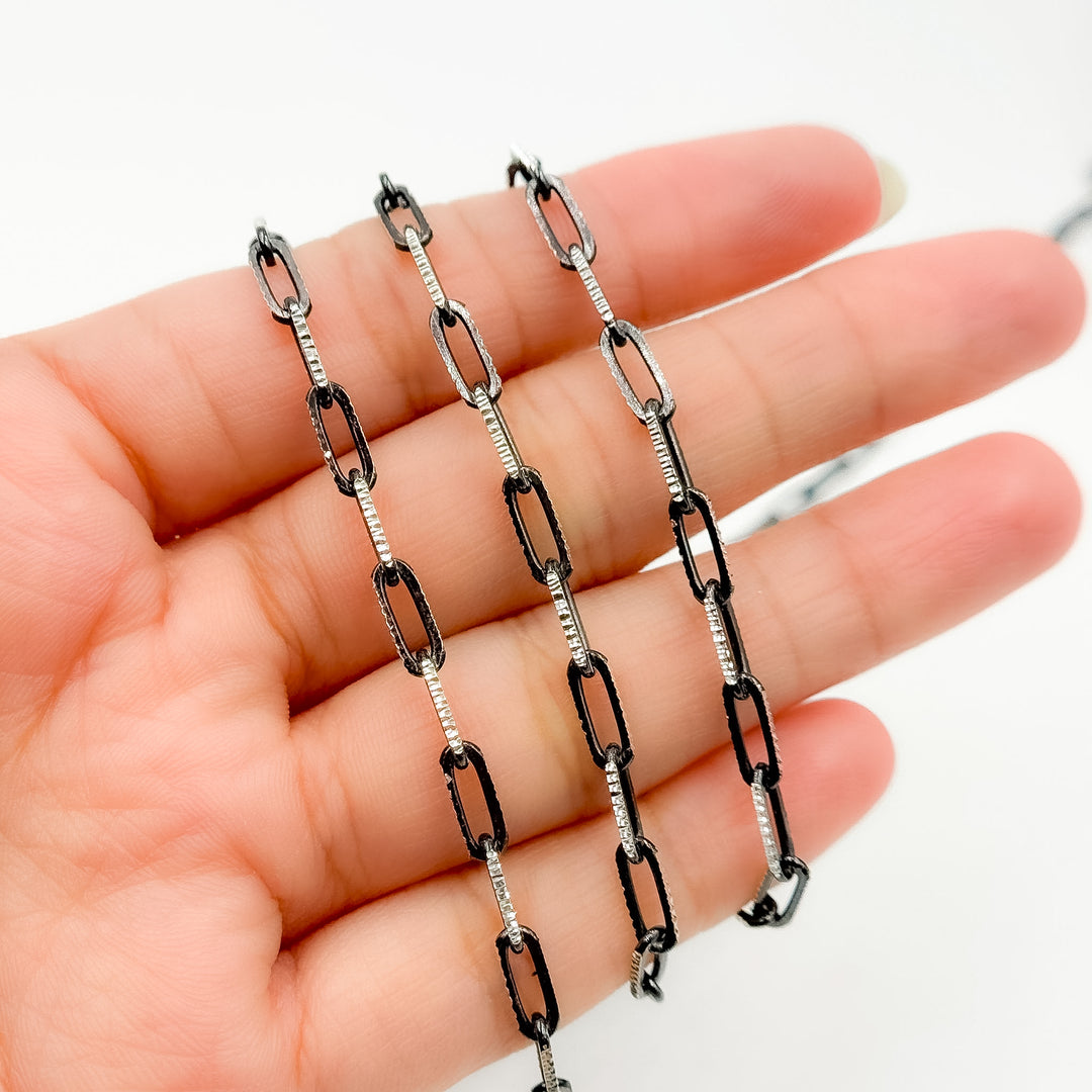 Z113SB. Two Tone Sterling Silver and Black Rhodium Paperclip Textured Chain
