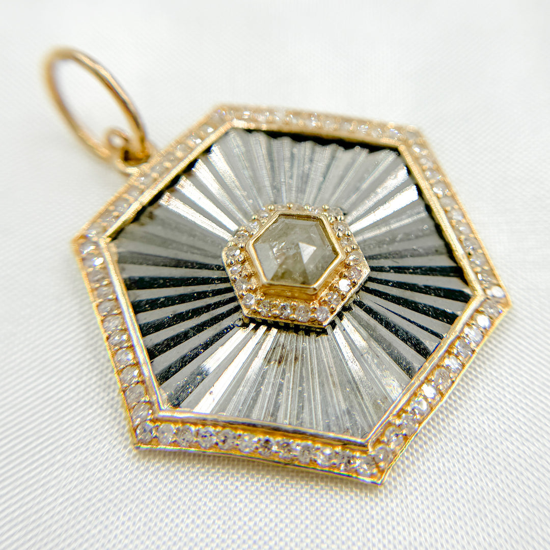 14k Solid Gold Diamond and Sterling Silver Black Rhodium Hexagonal Charm. KSG32