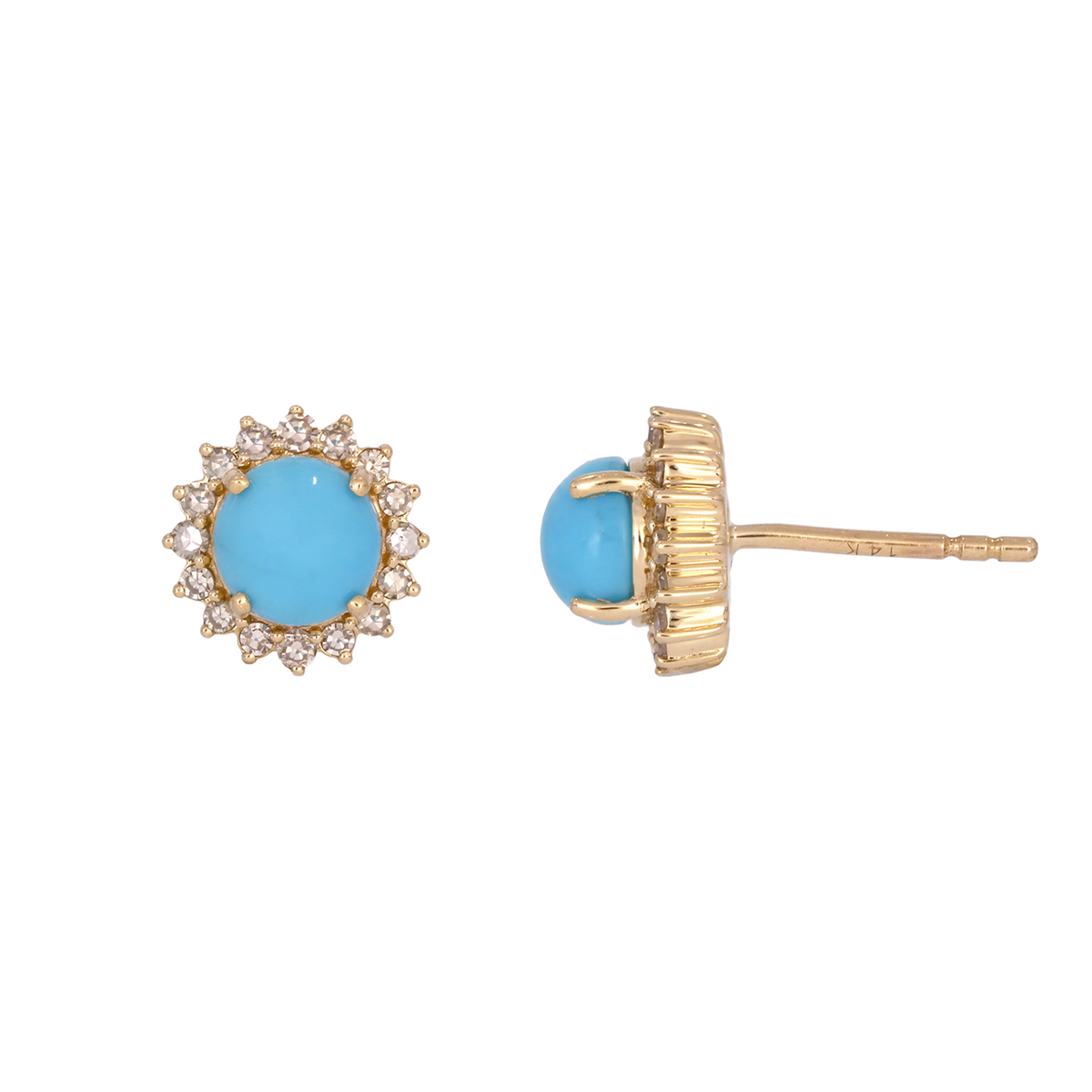 Solid Yellow Gold Diamond and Turquoise Round Stud Earrings