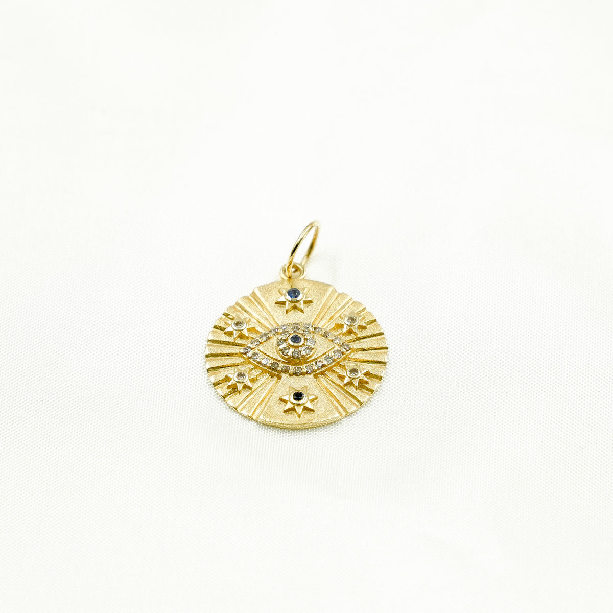 GDP549. 14K Gold Evil Eye Charm with Diamonds and Gemstones