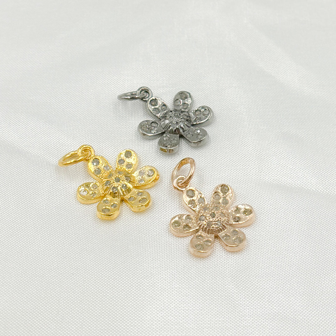 DC480. Pave Diamond & 925 Sterling Silver Black Rhodium, Two Tone (Black Rhodium and Gold Plated), Gold Plated, and Rose Gold Plated Flower Charm.
