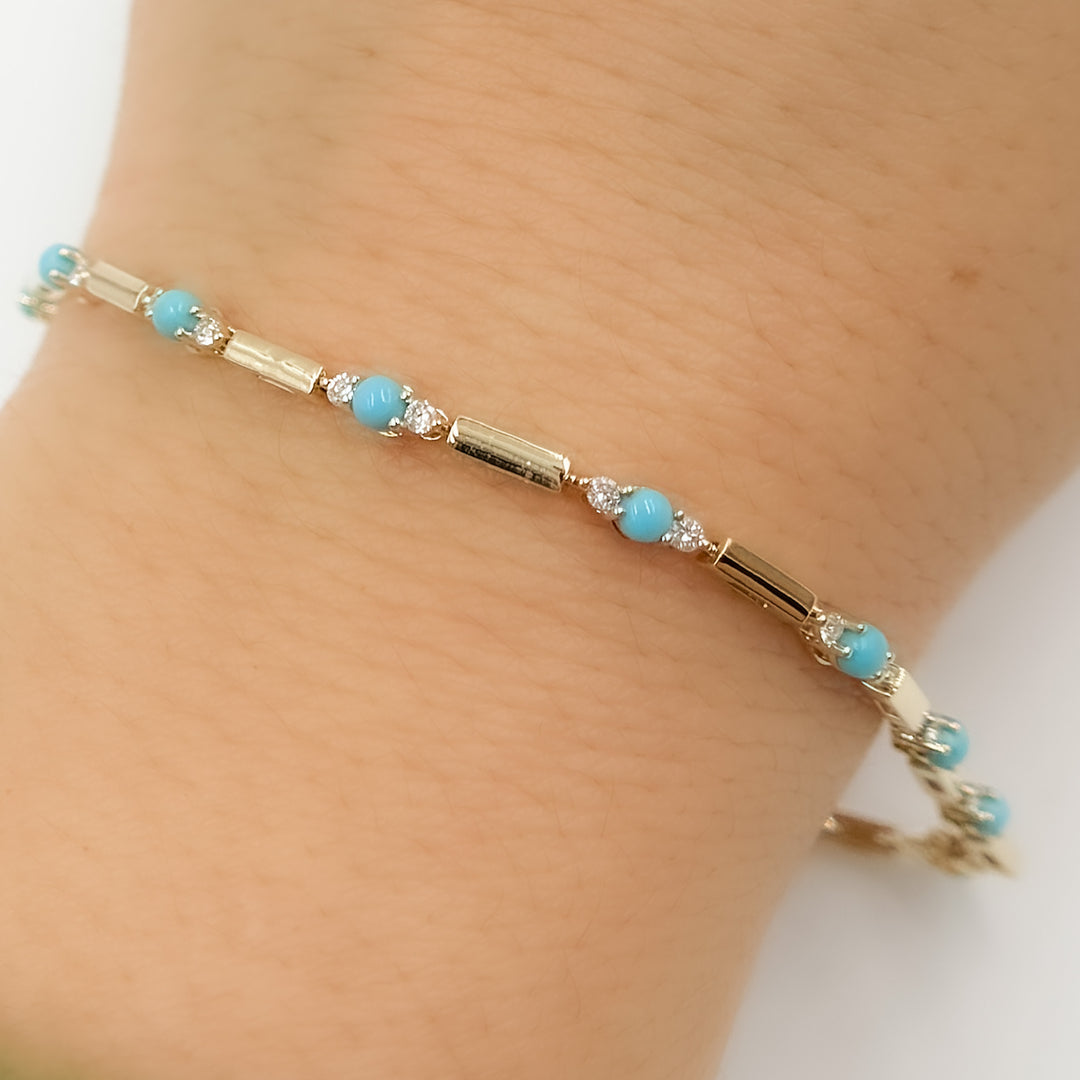BFG61255TQ. 14K Solid Gold Diamond  and Turquoise Fancy Bracelet