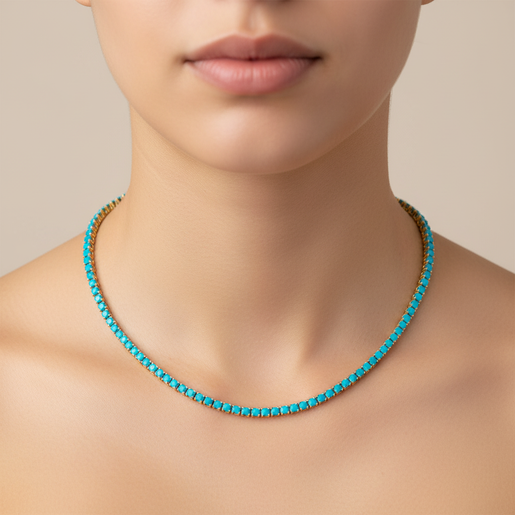 NFZ72747TQ. 14K Solid Gold Turquoise Tennis Necklace