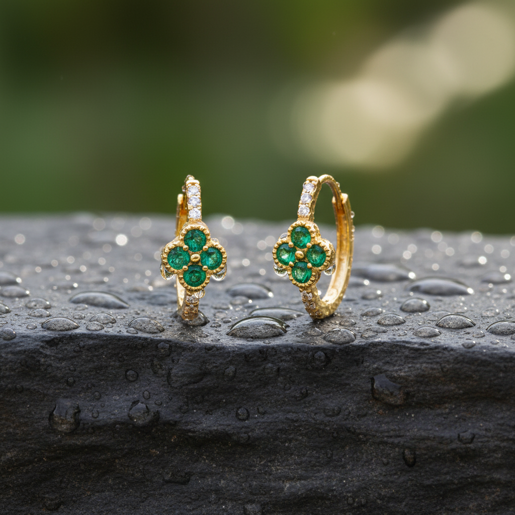 HP402563. 14k Solid Gold Diamond and Gemstones Fancy Flower Hoop Earrings