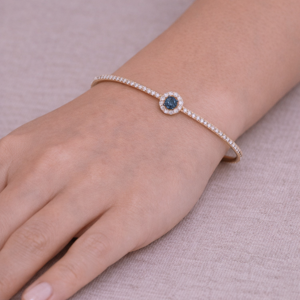BNJ68619B. 14K Gold Blue & White Diamond Elegant Open Bangle