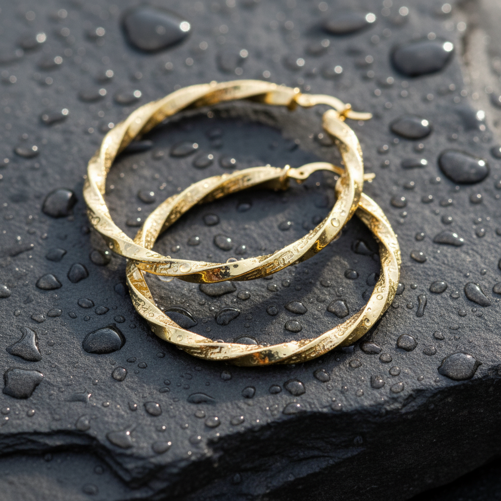 GER124. 14K Solid Gold Twisted Hollow Hoop with Engraved