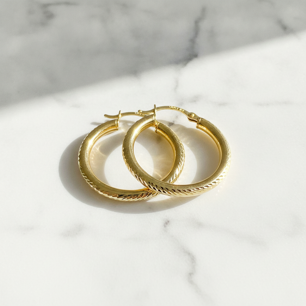 GER61. 14K Hollow Gold Diamond Cut Hoop Earrings