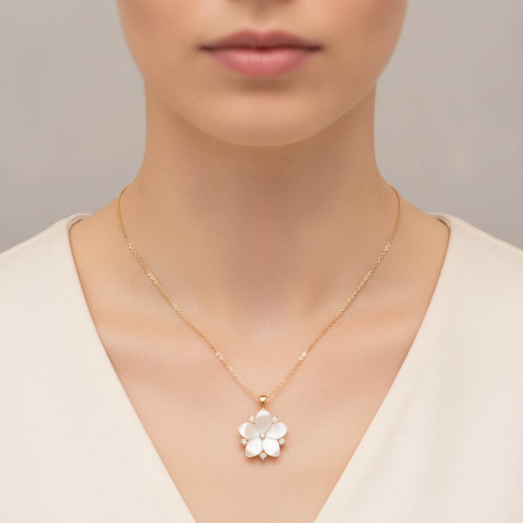 PFC32904PL. 14K Solid Gold Diamond Mother of Pearl Flower Necklace