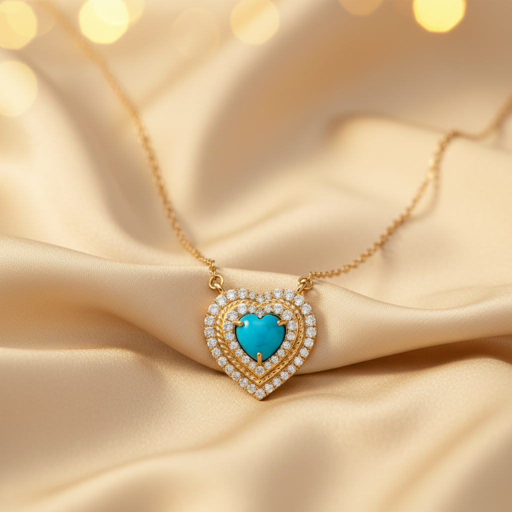 CN97293TQ6. 14K Solid Gold Diamond & Turquoise Heart Necklace