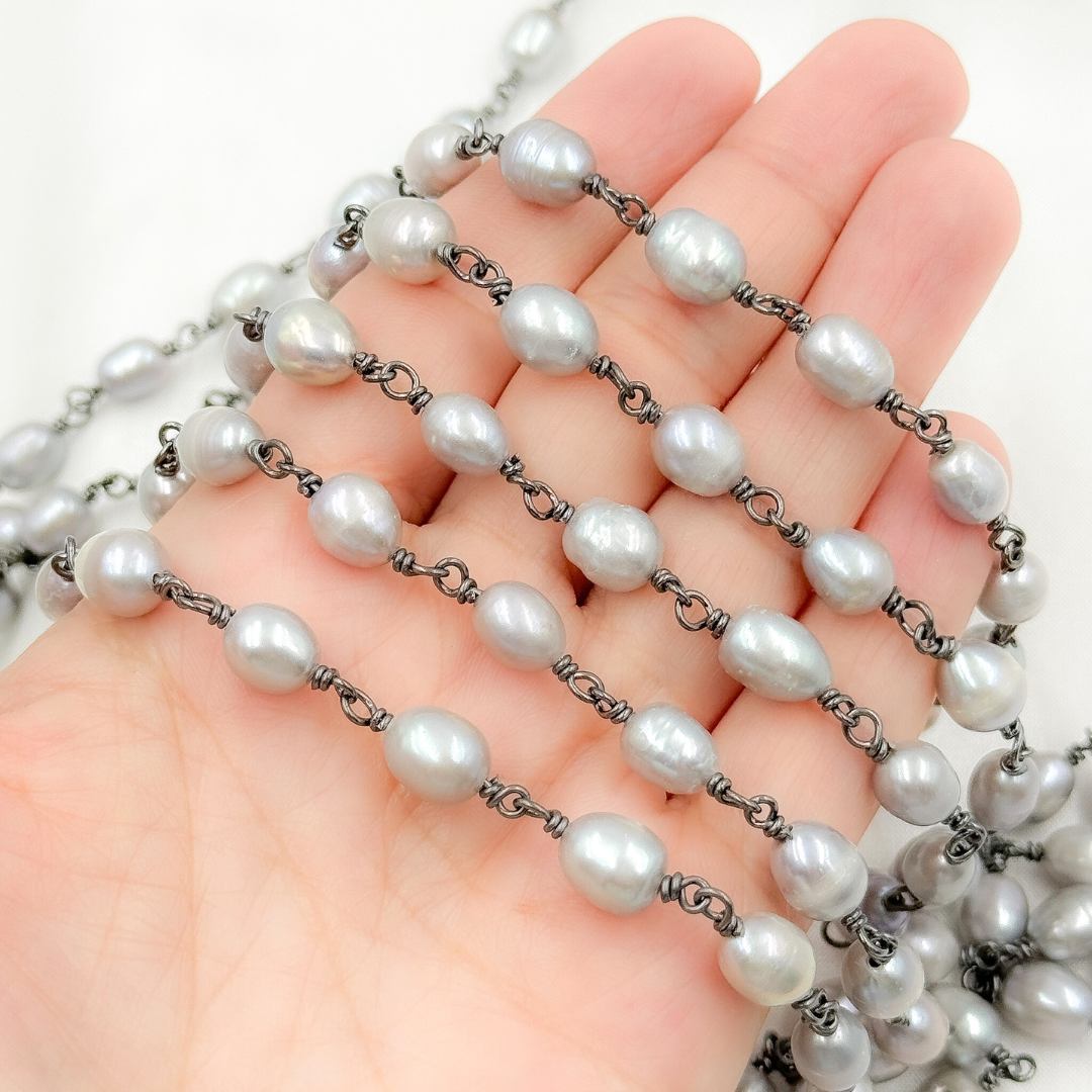 Grey Freshwater Pearl Organic Shape Wire Wrap Chain