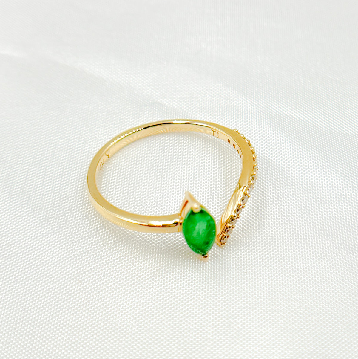 14K Solid Gold Diamond and Leaf Emerald Ring.