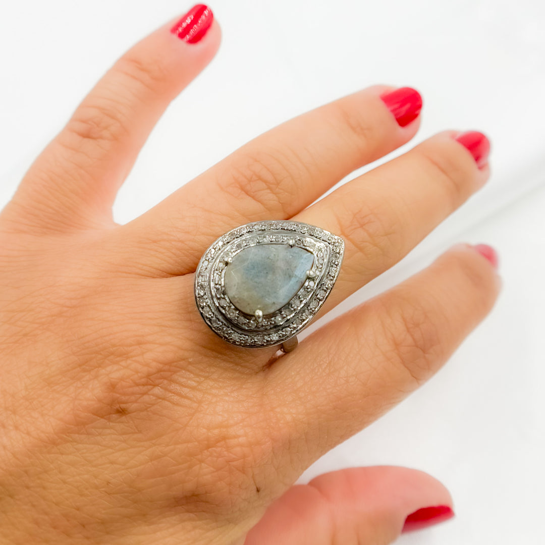 DE09. Diamond Sterling Silver Labradorite Drop Ring