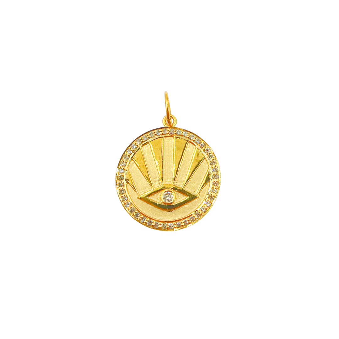 14K Solid Gold Charm. Circle Pendant with Diamonds. GDP201