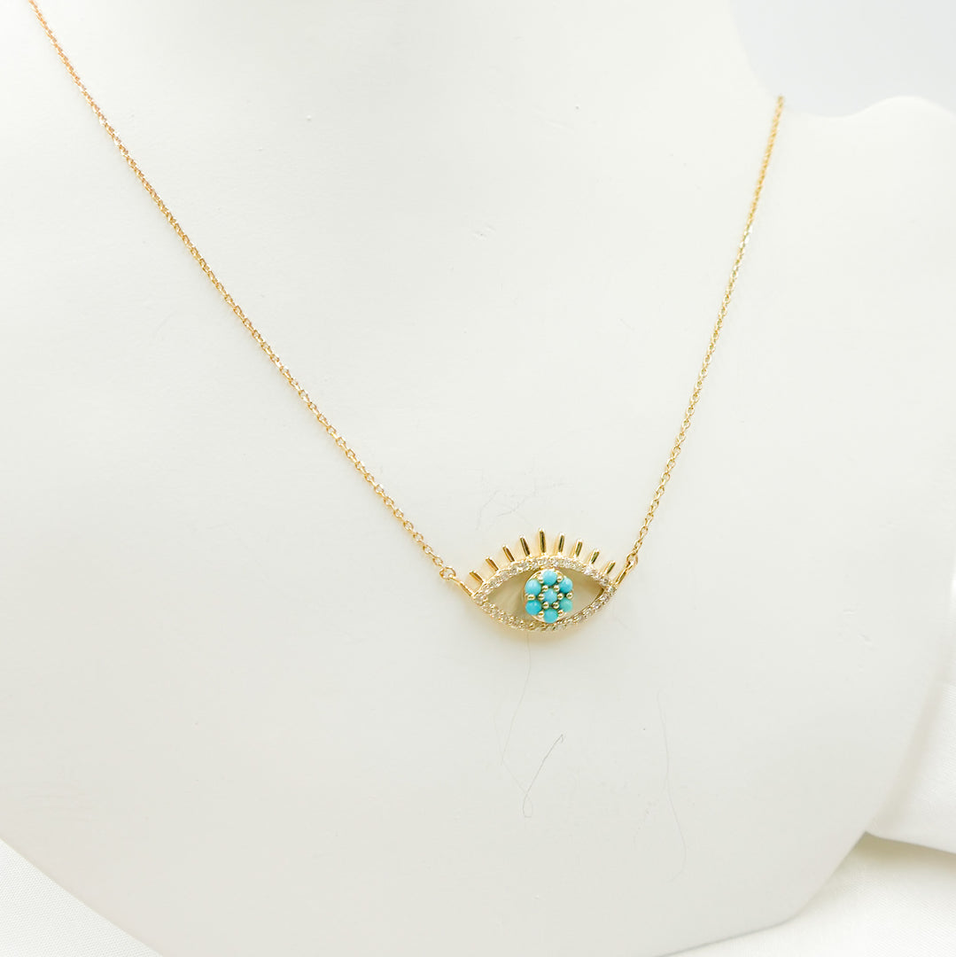 14k Solid Gold Turquoise and Diamond Eye Necklace. NFC71440TQ