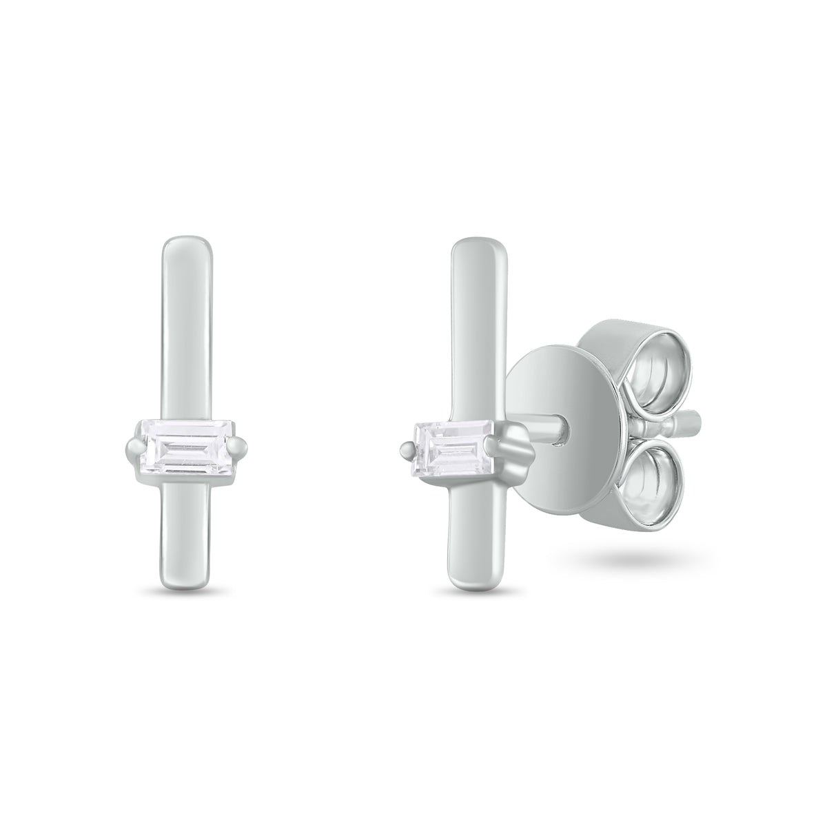 14K Solid Gold Diamond Bar Studs in White