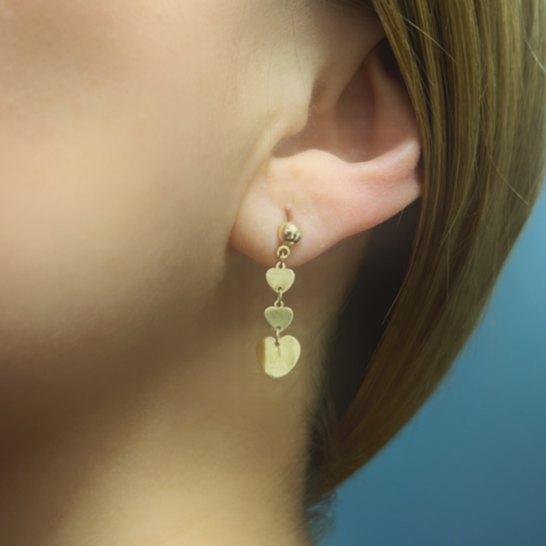 GER118. 14K Solid Gold Dangle Earring with Hearts
