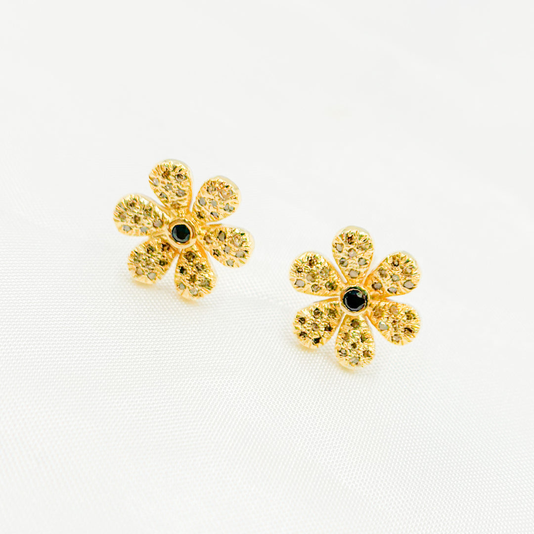 DE058. Diamond and Gemstones Sterling Silver Flower Studs