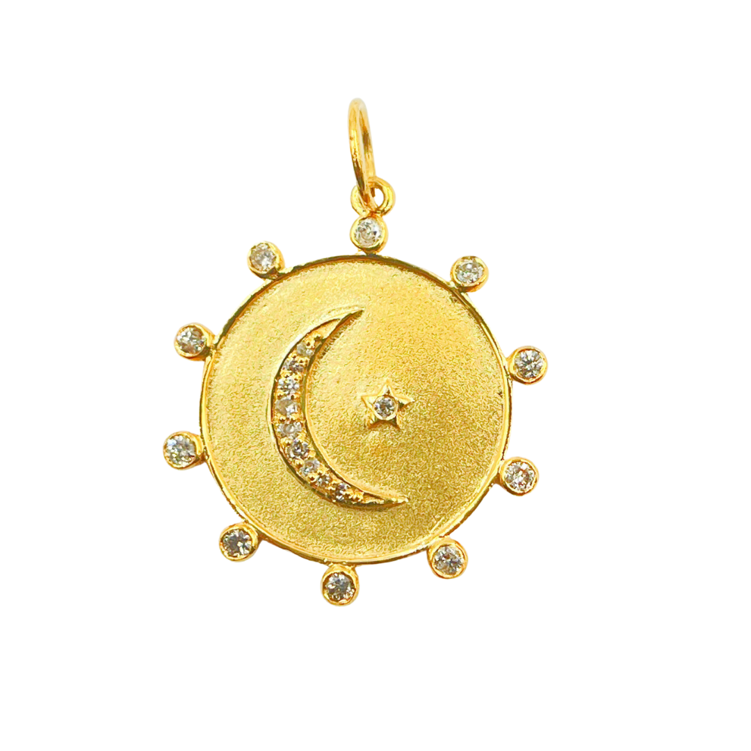 14K Solid Gold with Diamonds Circle Shape Charm with Moon and Star in the Center. GDP205