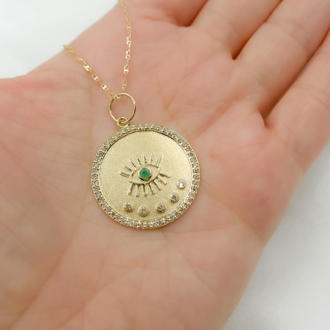 14K Solid Gold with Diamonds Circle Shape with Eye Charm. GDP106