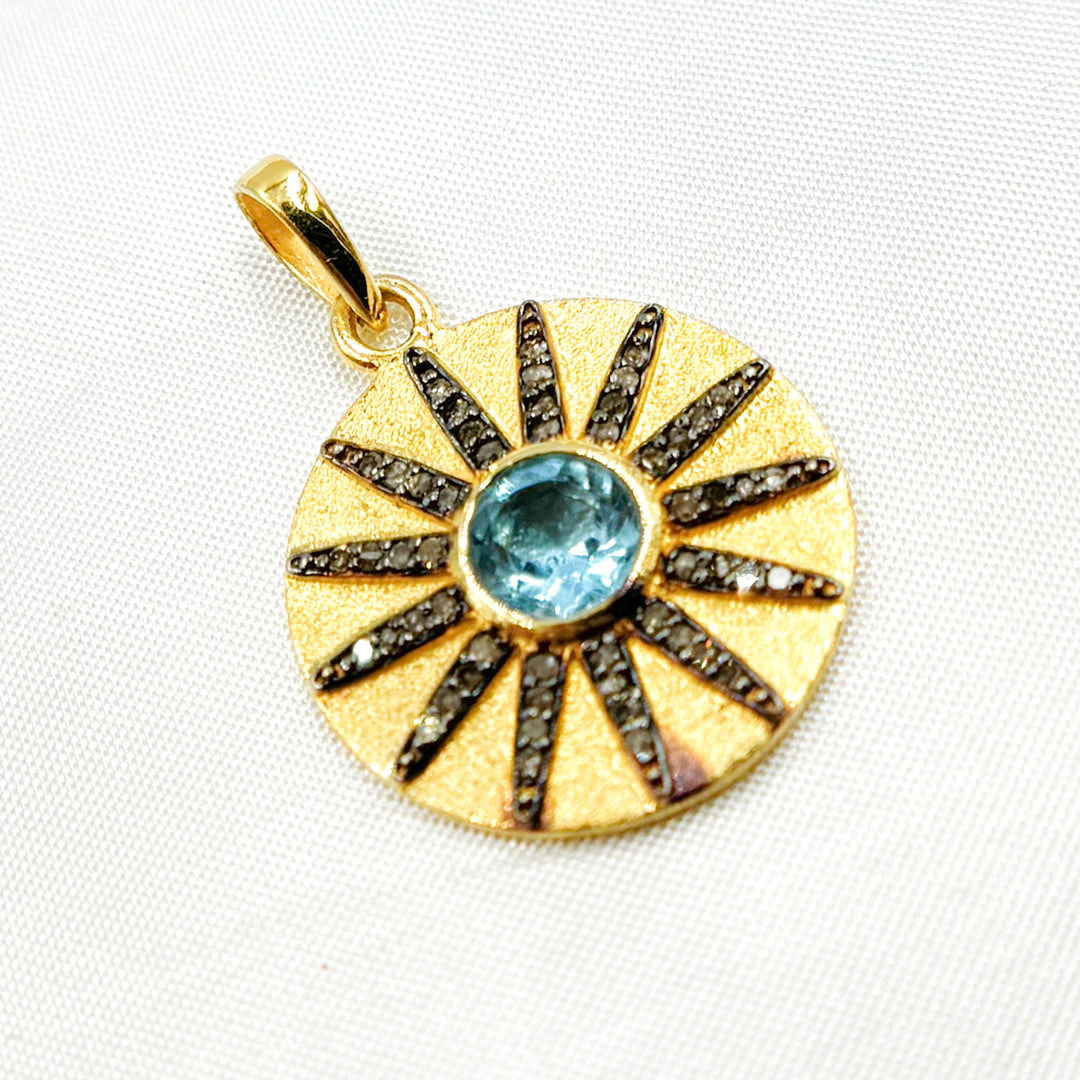 DSP067. Diamond Sterling Silver Round Sun Pendant with Gemstone