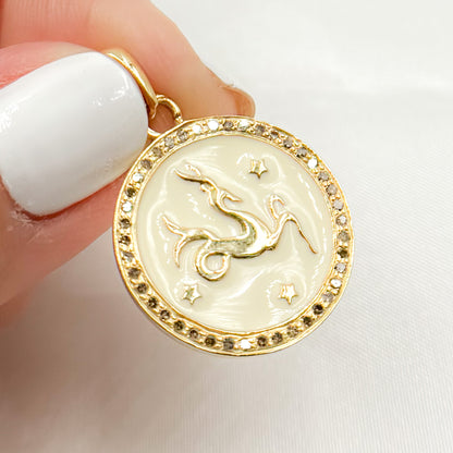 Silver Round Capricorn Zodiac Enamel Pendant