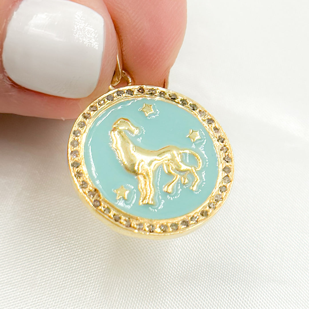 DP608A. Diamond Sterling Silver Round Leo Zodiac Enamel Pendant