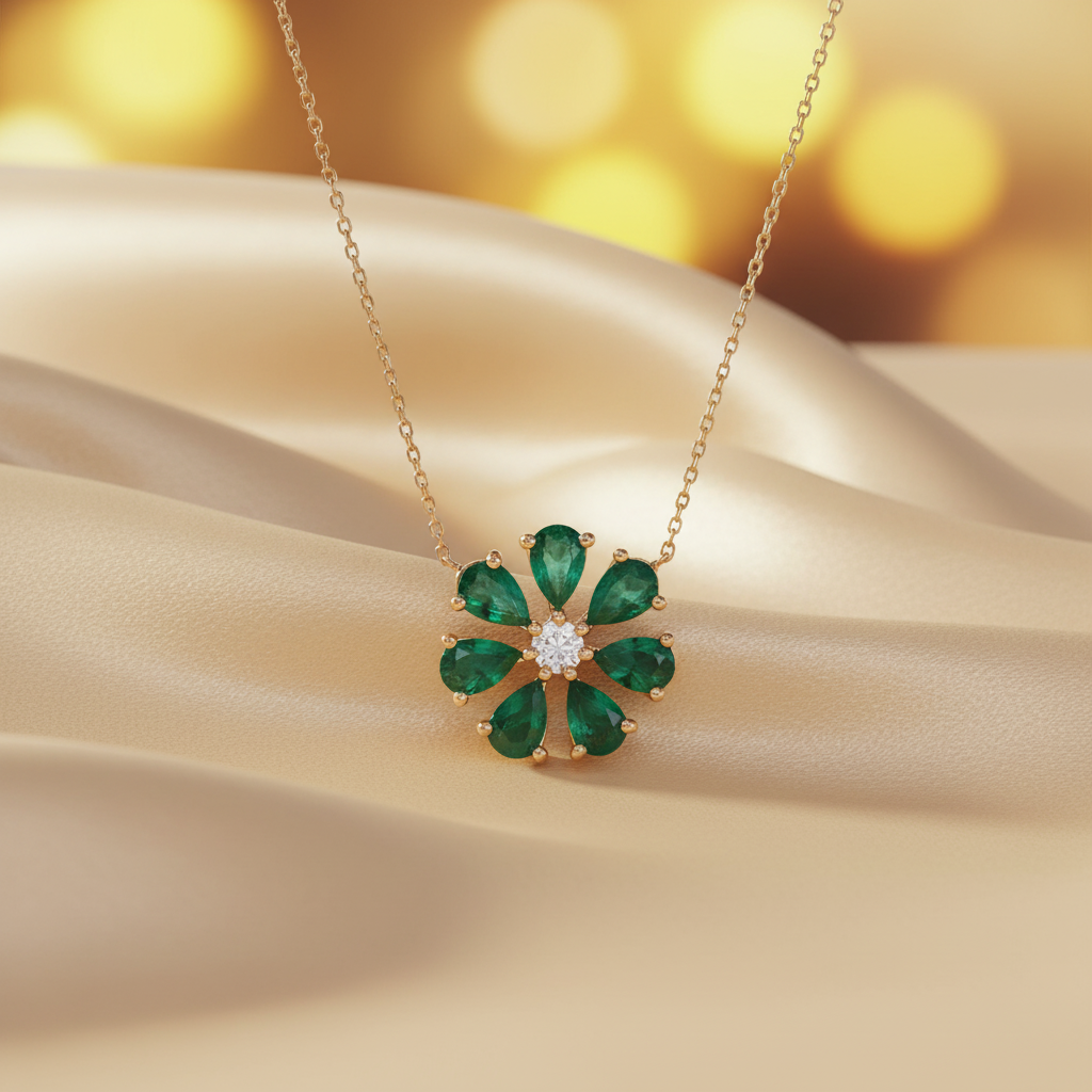 CN97250EM6X4. 18K Solid Gold Diamond and Emerald Flower Shape Necklace